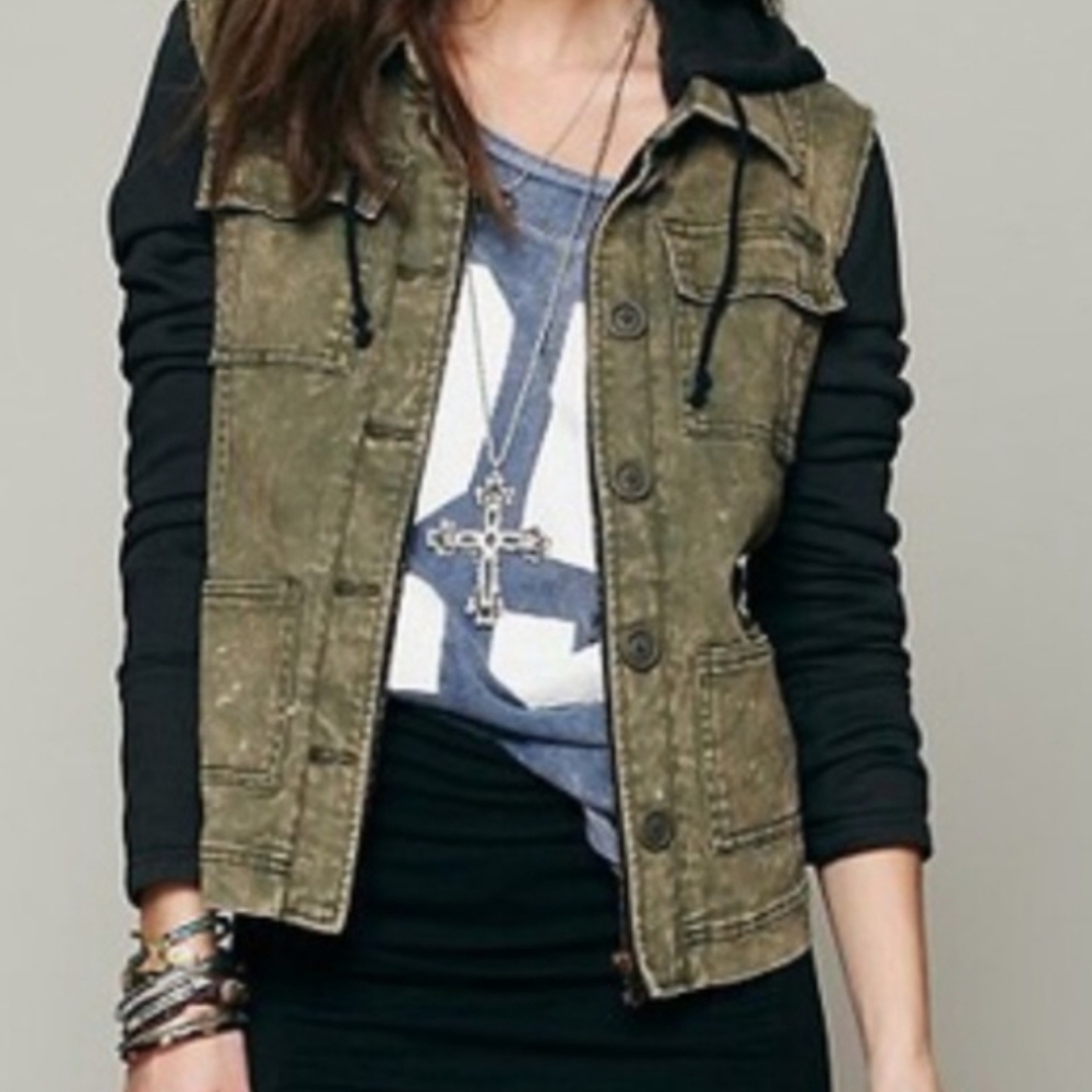 Free People Green and Black Utility Jacket with Rugged Style